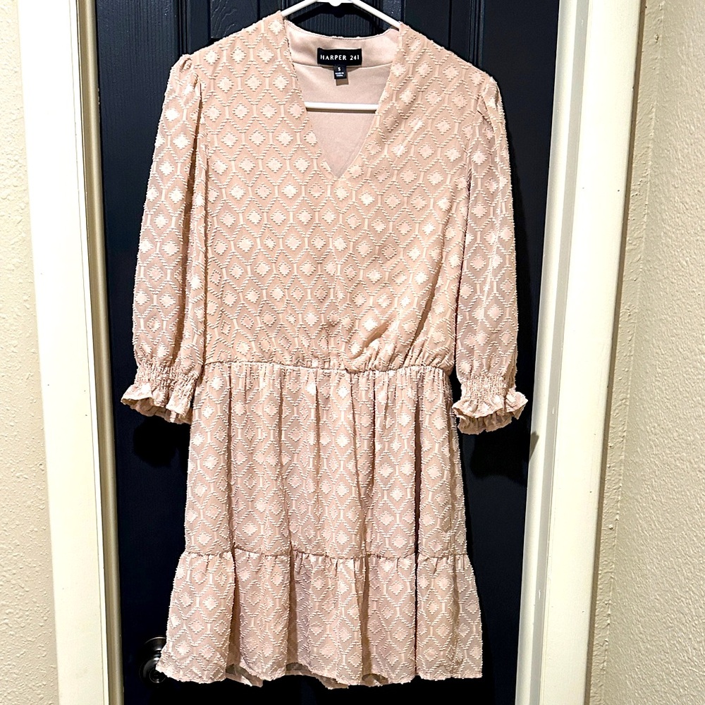 Harper 241 Dress in Blush color. Sheer sleeves, ruffle bottom. Small